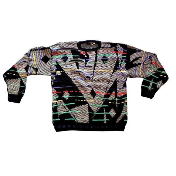 VTG Hilton Coogie Style  XL Acrylic Sweater Grey/Blk Cubist Face - Picture 3 of 11